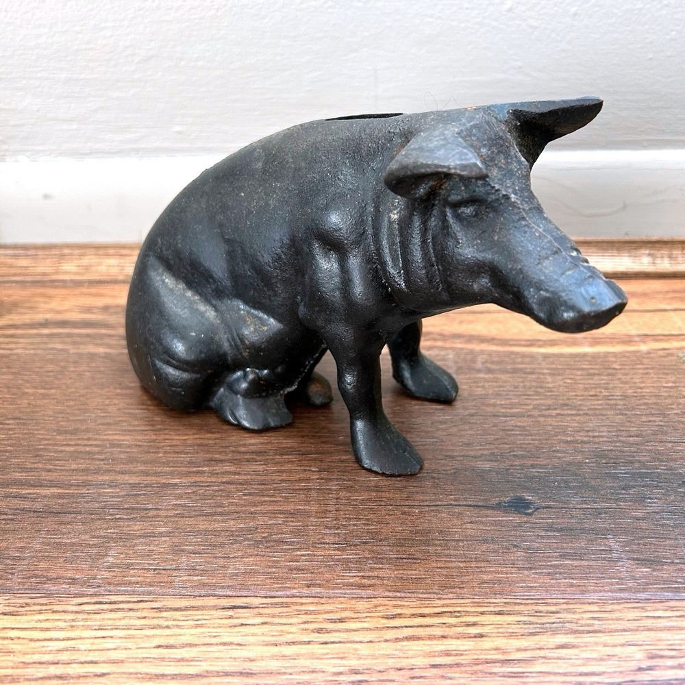 Vintage Cast Iron Piggy Bank – Heavy 2-Piece Still Coin Bank – Black Painted Pig